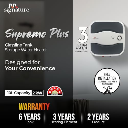 RR Signature Supremo Plus 10L Storage Water Heater |Glass Line Tank|8 Bar, High Rise Buildings |2 Yr Warranty on Product & 6 Yr on Tank by RR | Free Installation & Pipes