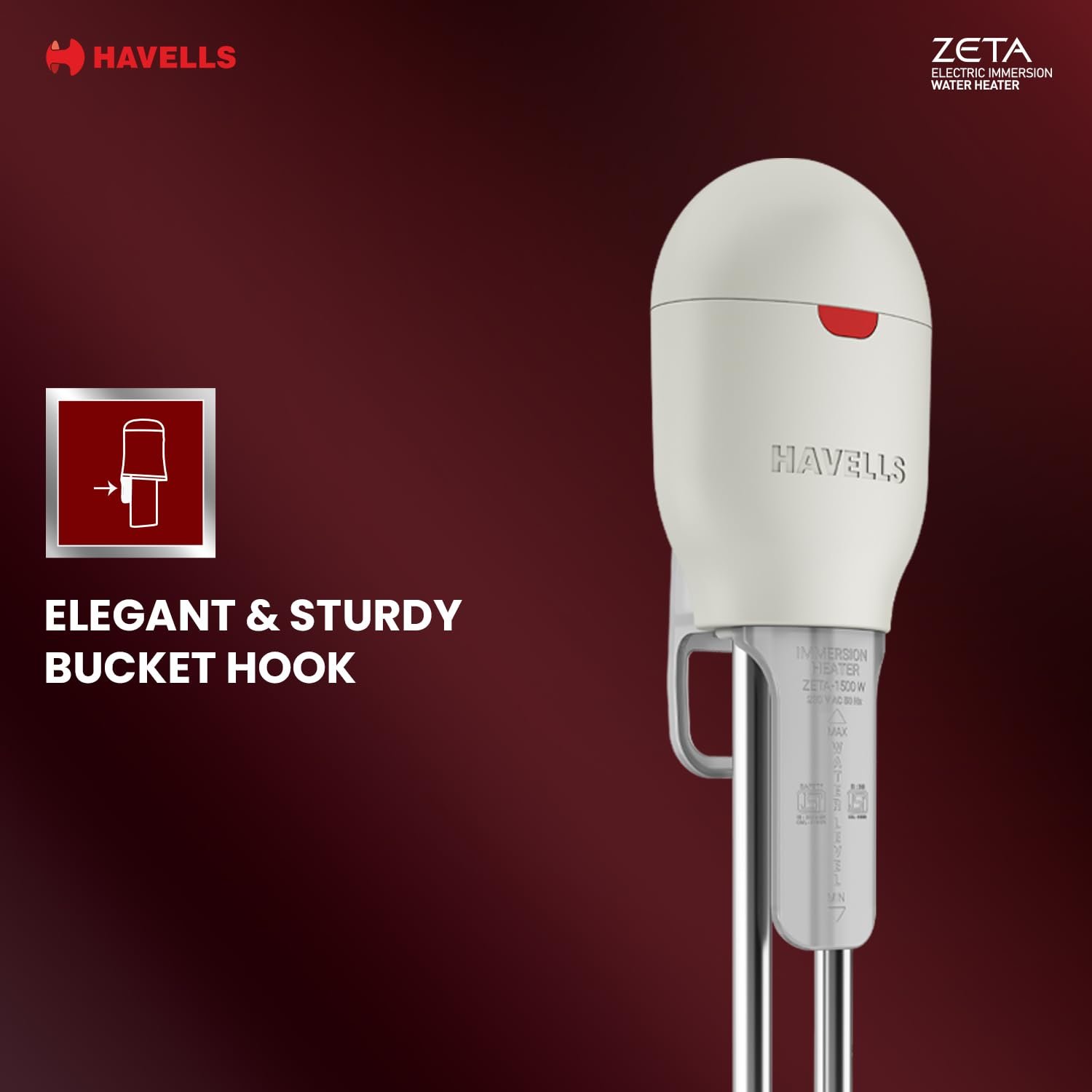 Havells Zeta 1500 watt Immersion Heater | ISI Mark Heavy Duty 3 Pin Moulded Plug, Touch Protection Cover | Waterproof, Heating Indicator, Nickel Plating, Warranty: 2 Year comprehensive |(Grey) Plastic