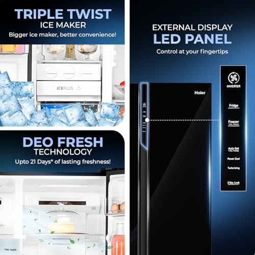Haier 602L 3Star 2 Door Side by Side Frost Free Refrigerator|100% Convertible|Expert Inverter Technology|Digital Display Panel|Triple Twist Ice Maker|Deo Fresh Technology (HRS-682KS, Black Steel)