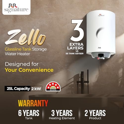 RR Signature Zello 25L Star Rated Storage Water Heater for Home | Glass Line Tank Geyser | 8 Bar, Suitable for High Rise |Thermal Cutout |Safety Valve 2 Yr Warranty on Product & 6 Yr on Tank by RR