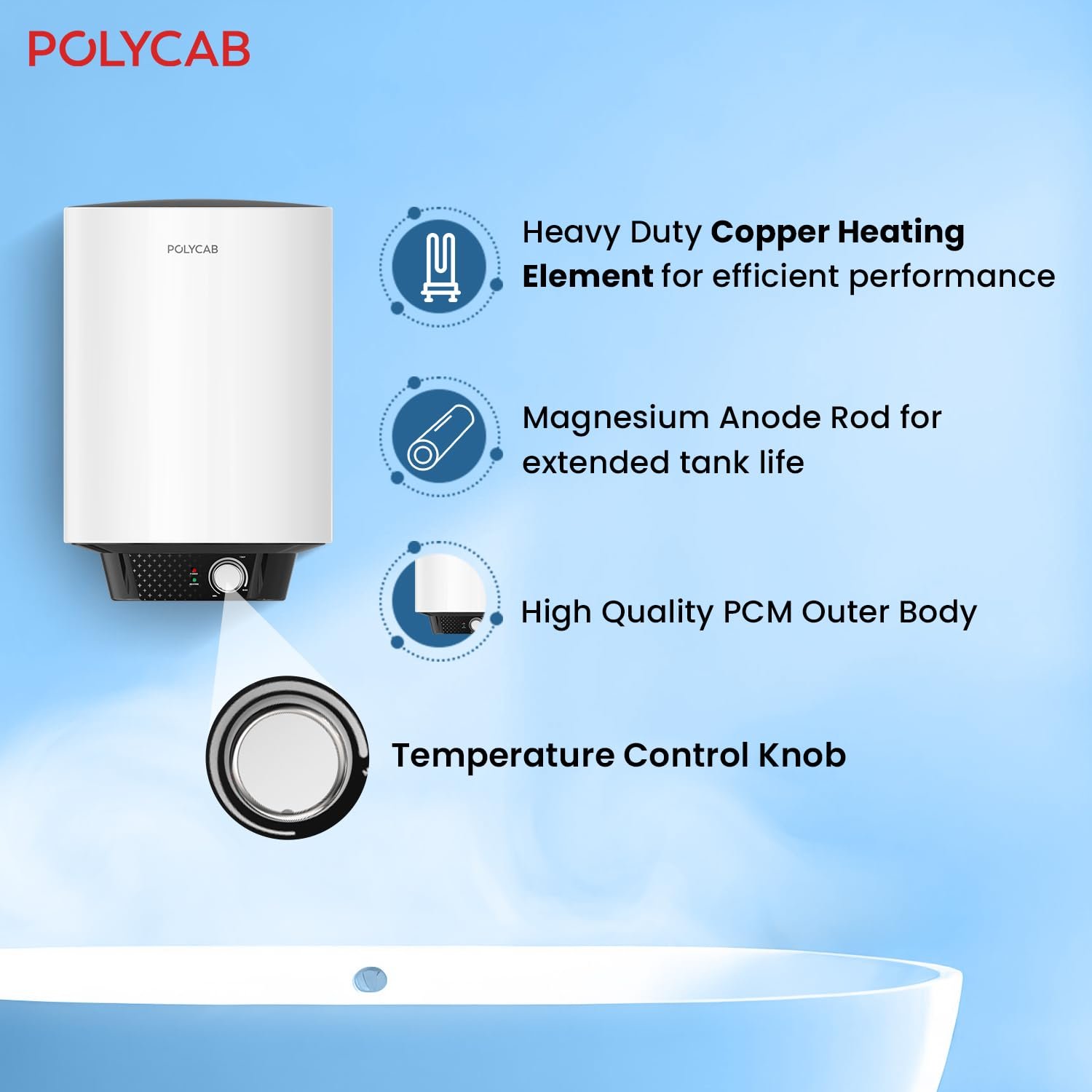POLYCAB Celestia Prime 5-Star 10 Litre Water Heater (Geyser) | Free Connecting Pipe | 5-Year Tank Warranty by POLYCAB | Temperature Control Knob | Faster Heating, Shock Resistant【White】