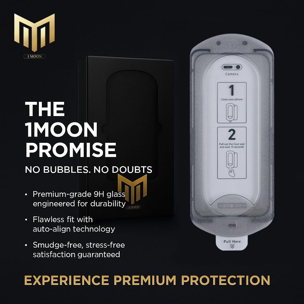 1Moon Tempered Glass for iPhone 17/16 Pro – DIY Easy Installation Frame, 9H Screen Protector with HD Clarity, Scratch Resistant, Oleophobic Coating, Dust Guard for Ear Speaker, Bubble-Free | 1 Pack