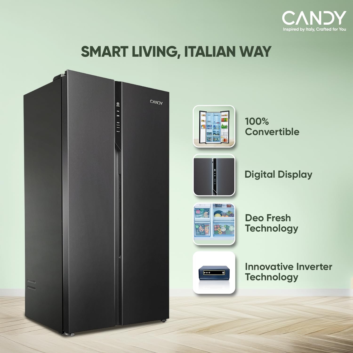 Candy Smart Choice 602 L Frost Free Side by Side Refrigerator with 100% Convertible Technology, Digital Control Panel and Magic Convertible Cooling 2-door (GE Black, CSS6600KS)
