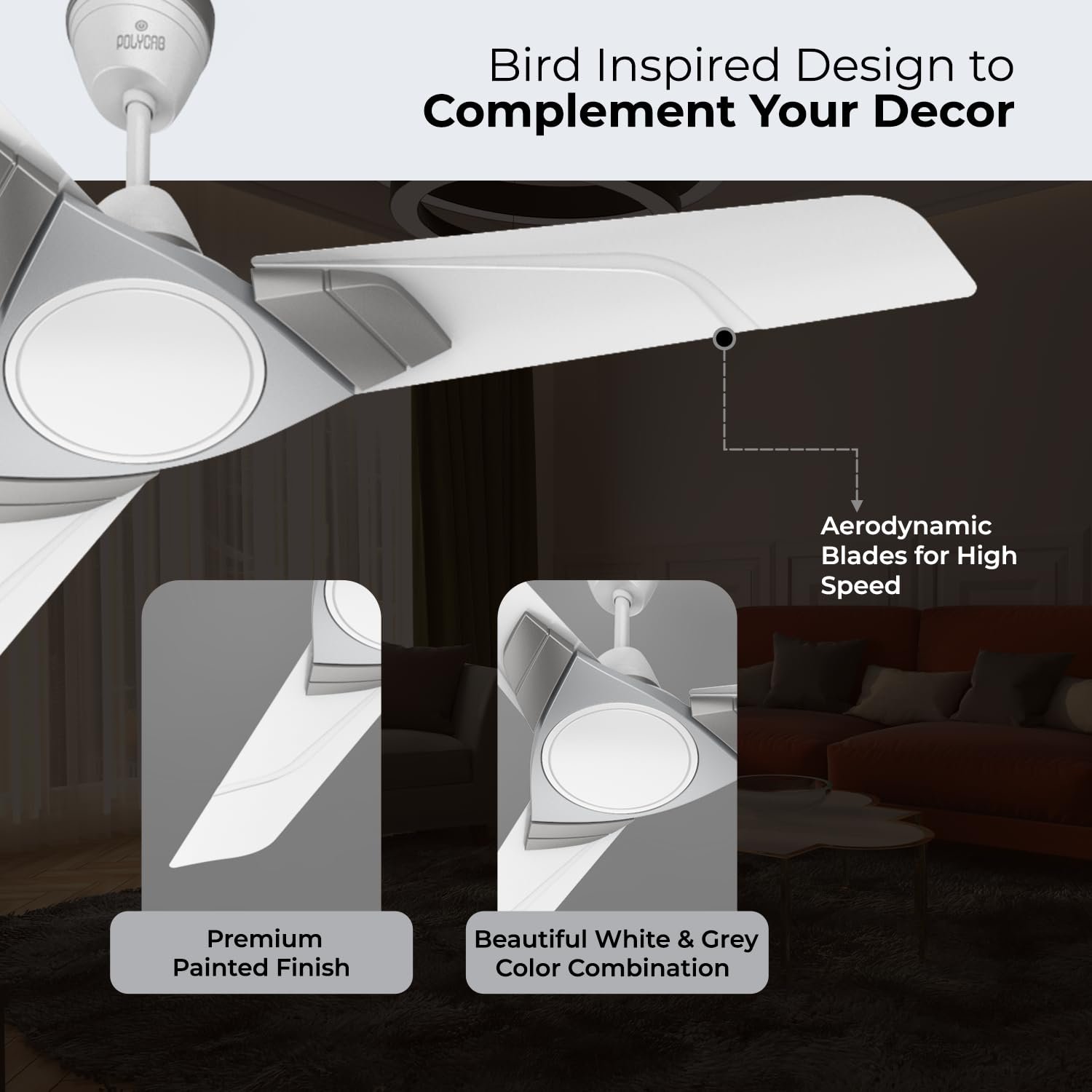 Polycab Aereo Plus Star Rated, 1200mm Ceiling Fan For Home | High Speed & Air Delivery | Saves Up To 33% Electricity, Rust-Proof Blades, 52 Watt | 3-yr Warranty【Pearl White Cloud Grey Silver】