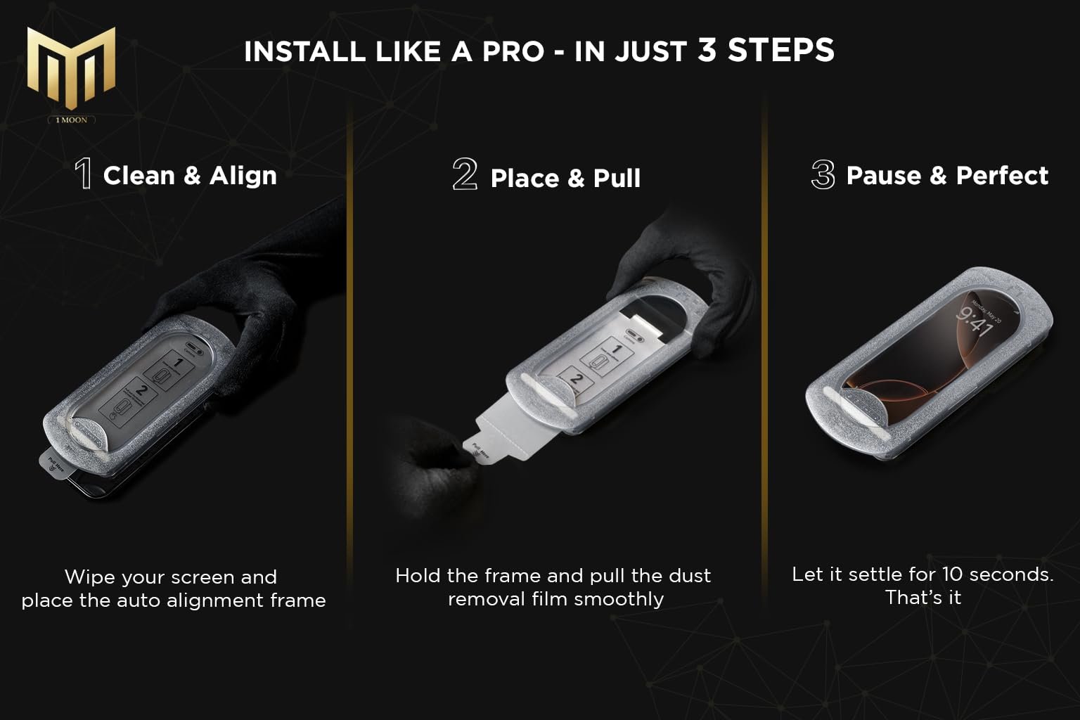 1Moon Tempered Glass for iPhone 17/16 Pro – DIY Easy Installation Frame, 9H Screen Protector with HD Clarity, Scratch Resistant, Oleophobic Coating, Dust Guard for Ear Speaker, Bubble-Free | 1 Pack