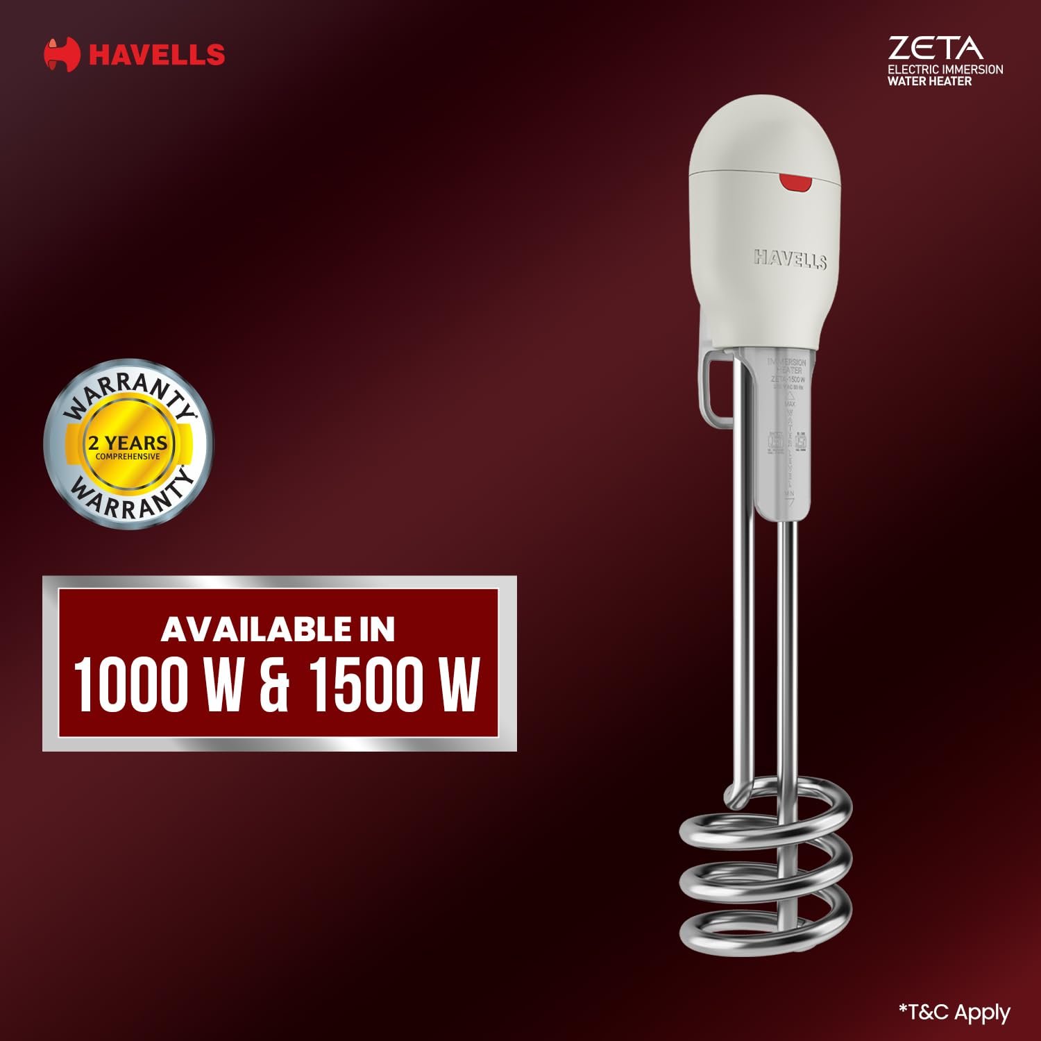 Havells Zeta 1500 watt Immersion Heater | ISI Mark Heavy Duty 3 Pin Moulded Plug, Touch Protection Cover | Waterproof, Heating Indicator, Nickel Plating, Warranty: 2 Year comprehensive |(Grey) Plastic