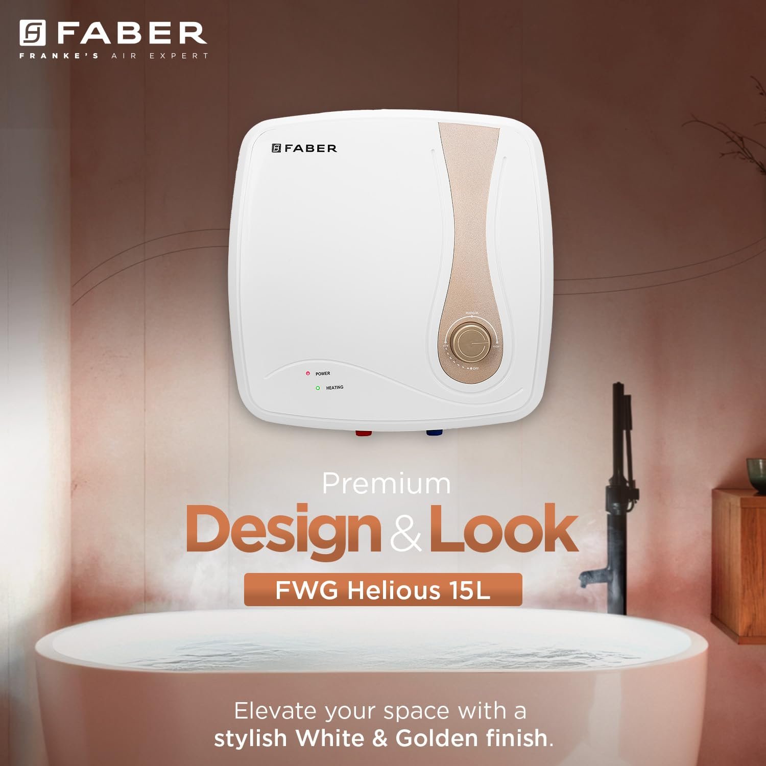 Faber Helios 15L Storage Water Heater | 5★ BEE | Auto Cutout | Warranty:5Y Tank,2Y Element & Product|8 Bar| Glassline Coating | Anti-Leak | PP Body | 2000W (15L)