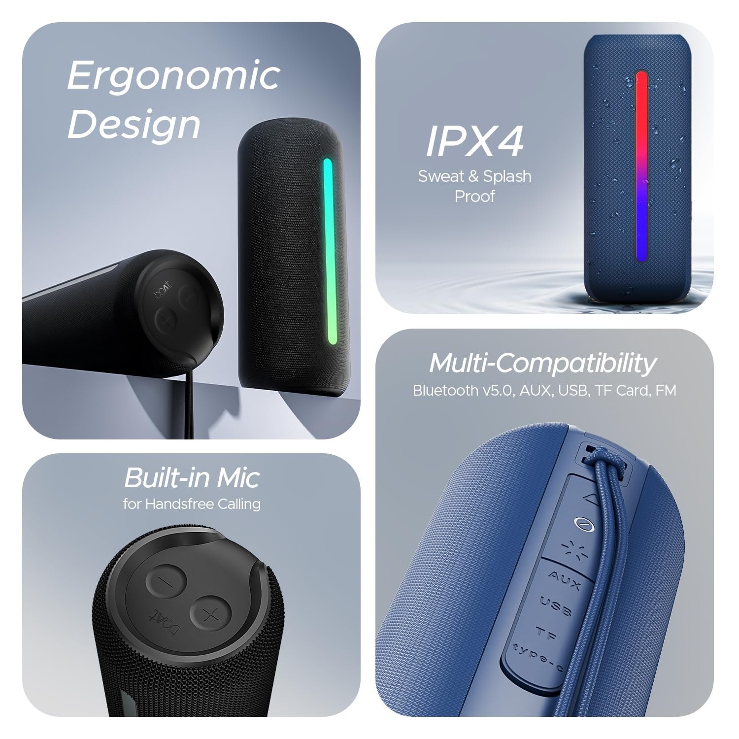 Boat Stone Spinx Pro Bluetooth Speaker with 20 W RMS Sound, Up to 8 hrs of Playtime, BTv5.0, Built-in Mic, RGB LEDs, TWS Feature, TF Card, AUX Port & USB Type-C Port(Midnight Black)