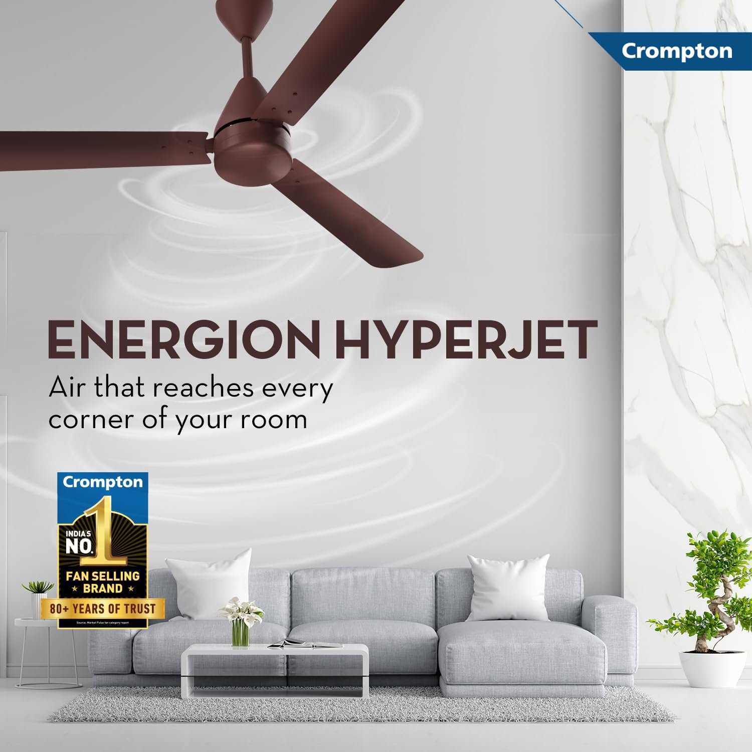Crompton Energion Hyperjet 1200mm BLDC Ceiling Fan | Point Anywhere Remote Control | BEE 5 Star Rated Energy Efficient | Superior Air Delivery | Anti-Rust | 2 Year Manufacturer Warranty | Brown