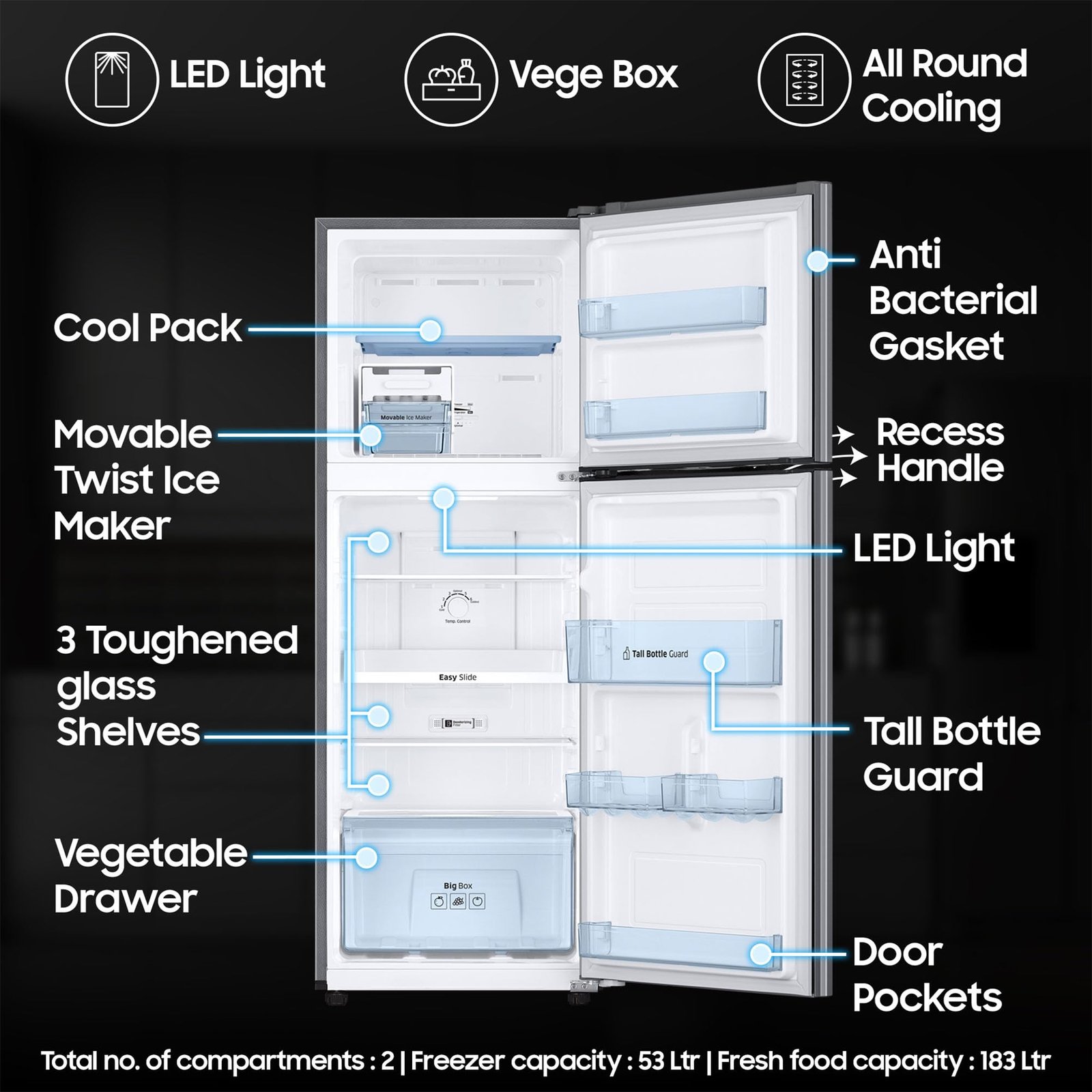 Samsung 236 L, 2 Star, Digital Inverter, Frost Free Double Door Refrigerator (RT28C3032GS/HL, Gray Silver)