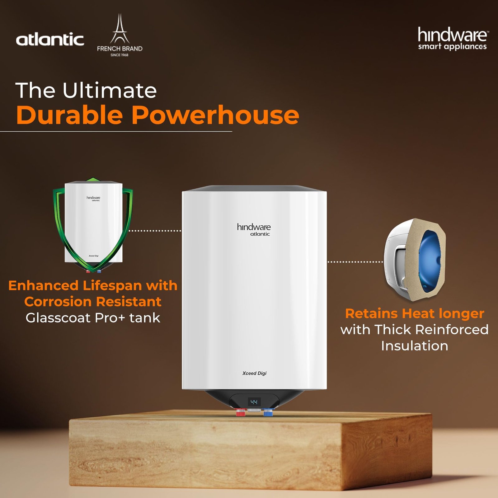 Hindware smart appliances Xceed Digi 15L, 2Kw, Glasslined Coated Tank, Storage Water Heater, White