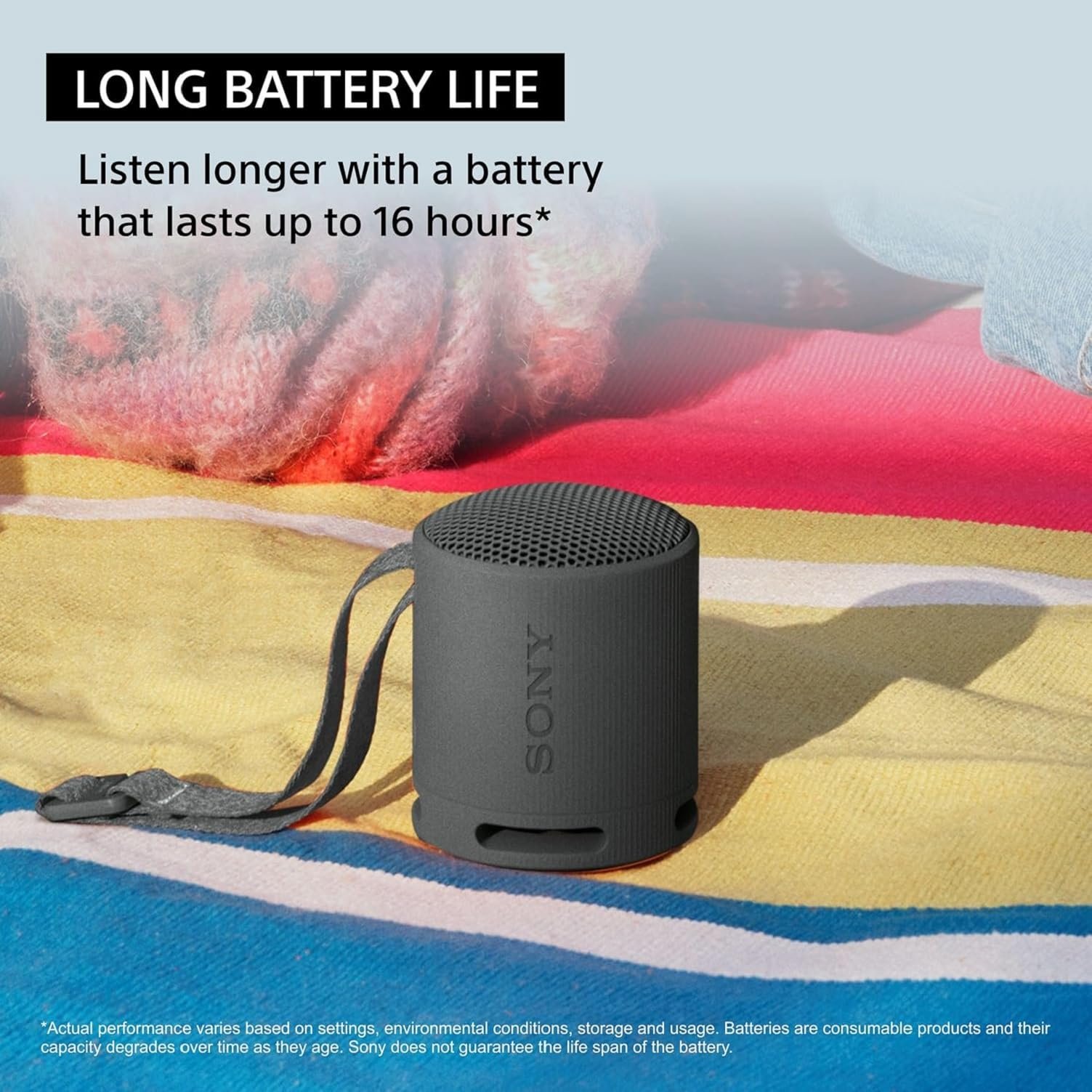 Sony SRS-XB100 Wireless Bluetooth Portable Lightweight Super-Compact Travel Speaker, Extra-Durable IP67 Waterproof & Dustproof, 16 Hrs Batt, Versatile Strap, Extra Bass & Hands-Free Calling-Black