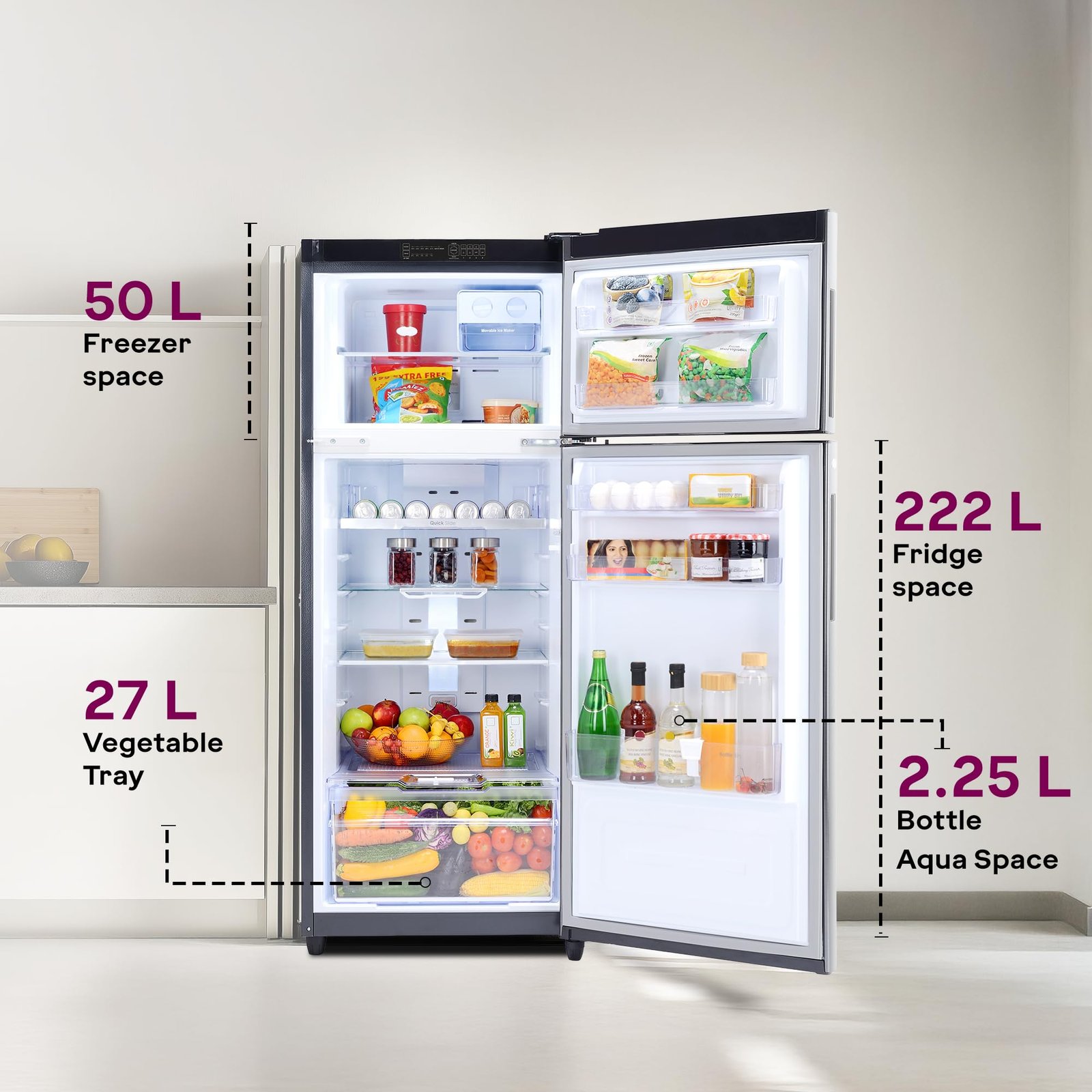 Godrej 272 L 3 Star 4-In-1 Convertible Technology | 30 days Farms Freshness | 95%+ Food Surface Disinfection | Inverter | Frost Free | Double Door Refrigerator (RF EON 294C RCIT FS ST, Fossil Steel)