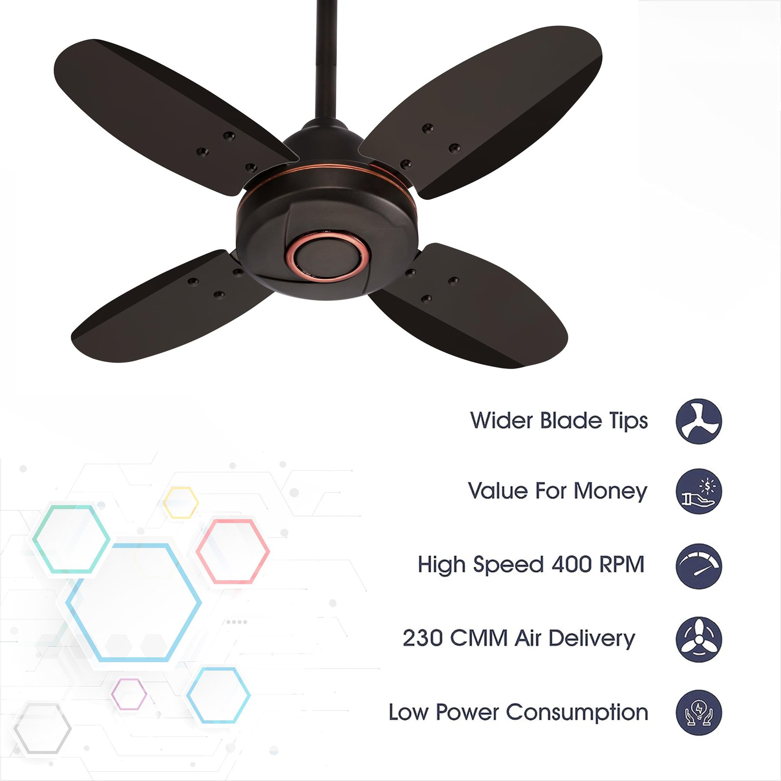 ACTIVA ORNET 600mm Ceiling Fan, 850 RPM High Speed Air Delivery with 4 Blades, Anti-Dust Coating, 2 Years Warranty - Smoke Brown