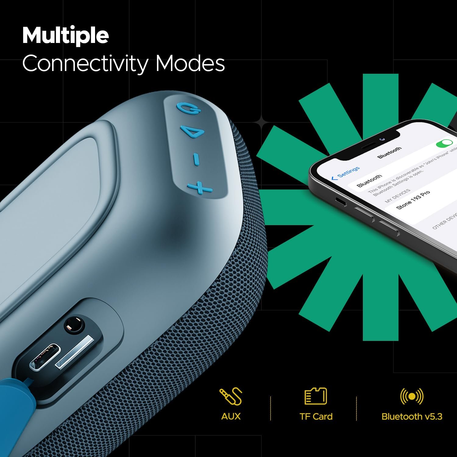 Boat Stone 193 Pro / Stone190 Pro with 5W Signature Sound, Up to 12hrs of Playtime, TWS Feature, Built-in Mic, Bluetooth v5.3, AUX Port, TF Card, IPX6 & Type-C Bluetooth Speaker (Tropical Blue)