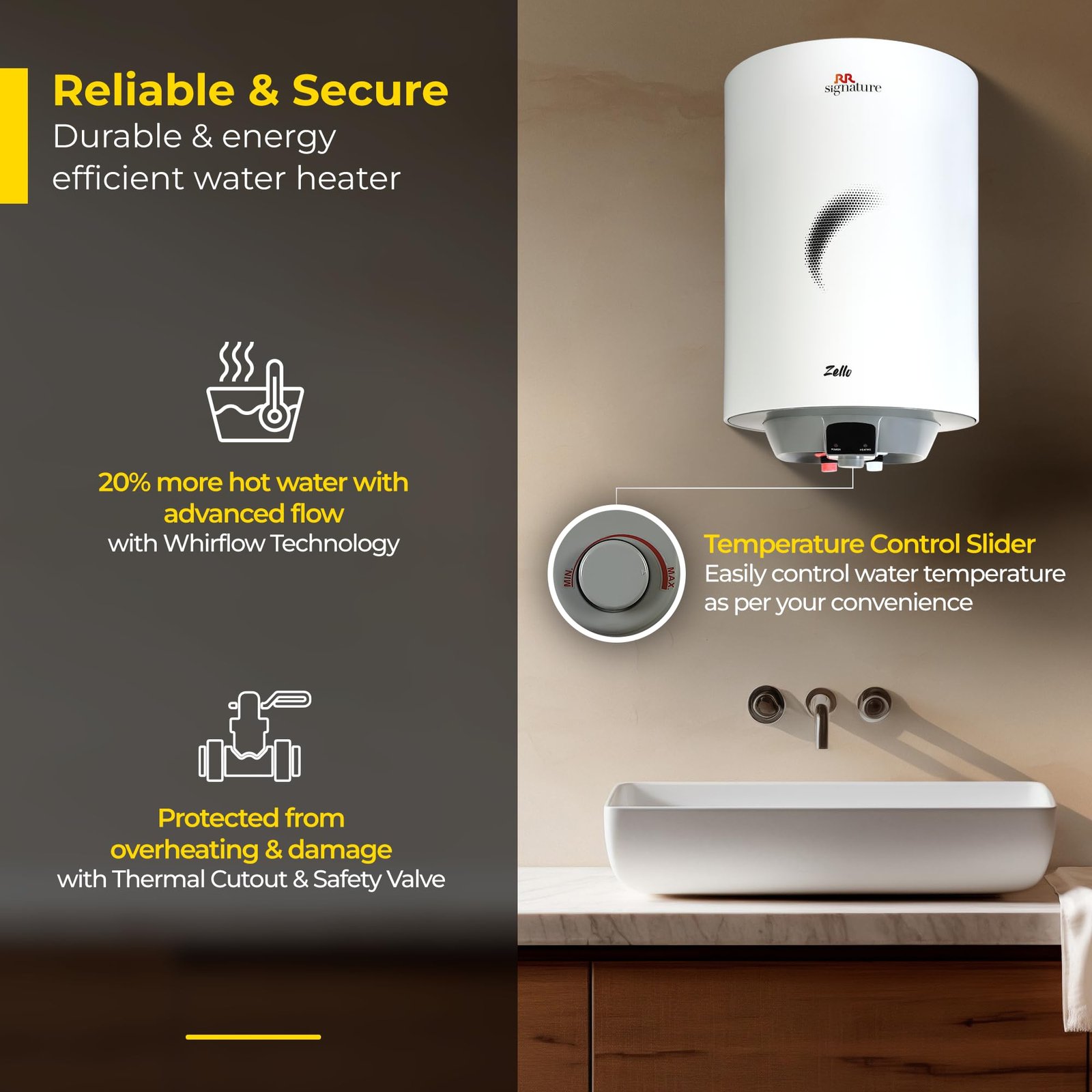 RR Signature Zello 10L Star Rated Storage Water Heater for Home | Glass Line Tank Geyser | 8 Bar, Suitable for High Rise |Thermal Cutout |Safety Valve 2 Yr Warranty on Product & 6 Yr on Tank by RR