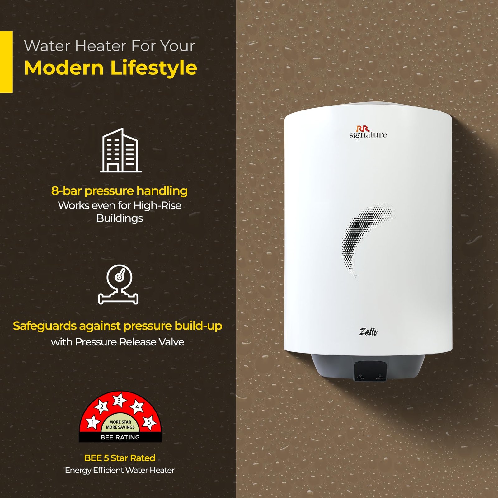 RR Signature Zello 10L Star Rated Storage Water Heater for Home | Glass Line Tank Geyser | 8 Bar, Suitable for High Rise |Thermal Cutout |Safety Valve 2 Yr Warranty on Product & 6 Yr on Tank by RR