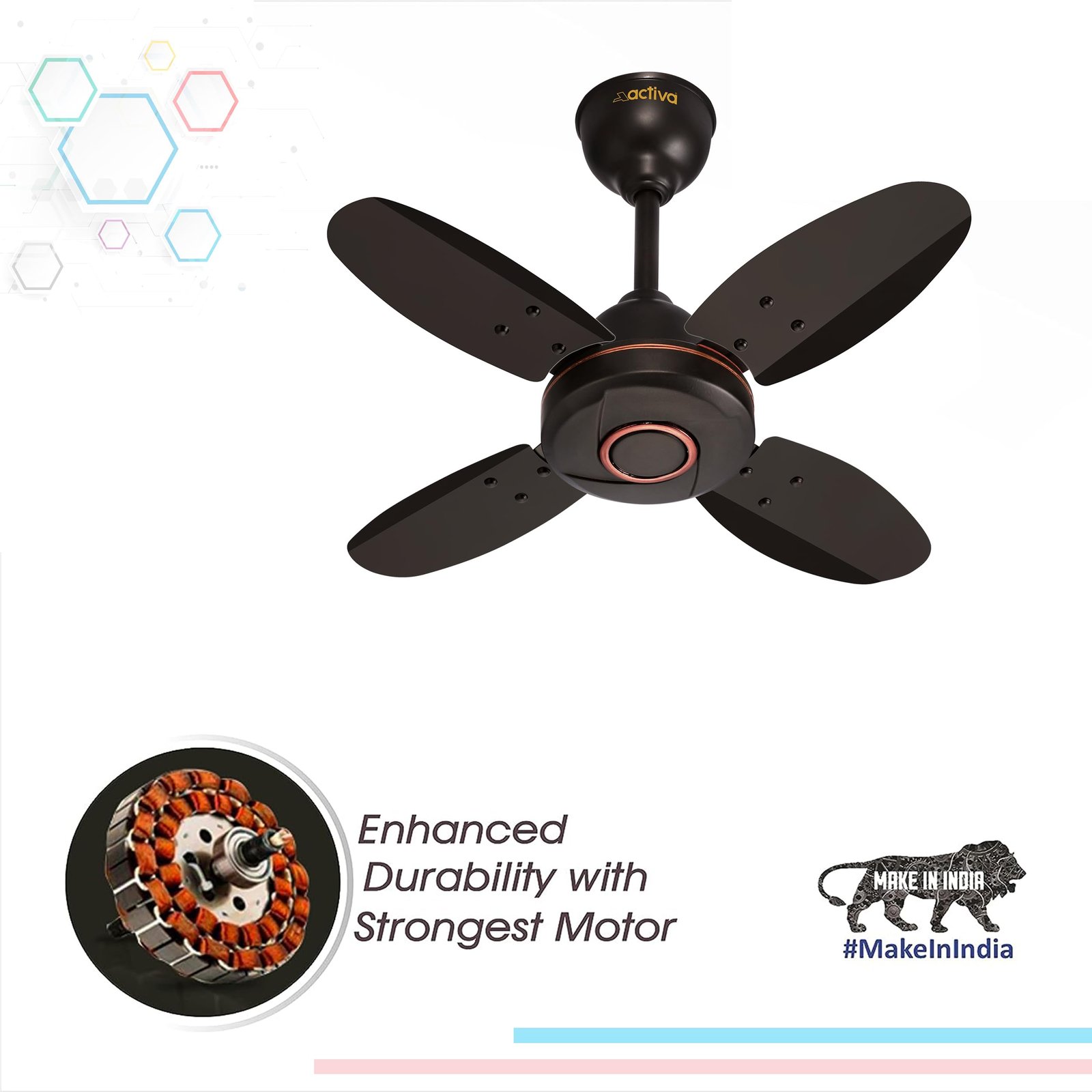ACTIVA ORNET 600mm Ceiling Fan, 850 RPM High Speed Air Delivery with 4 Blades, Anti-Dust Coating, 2 Years Warranty - Smoke Brown