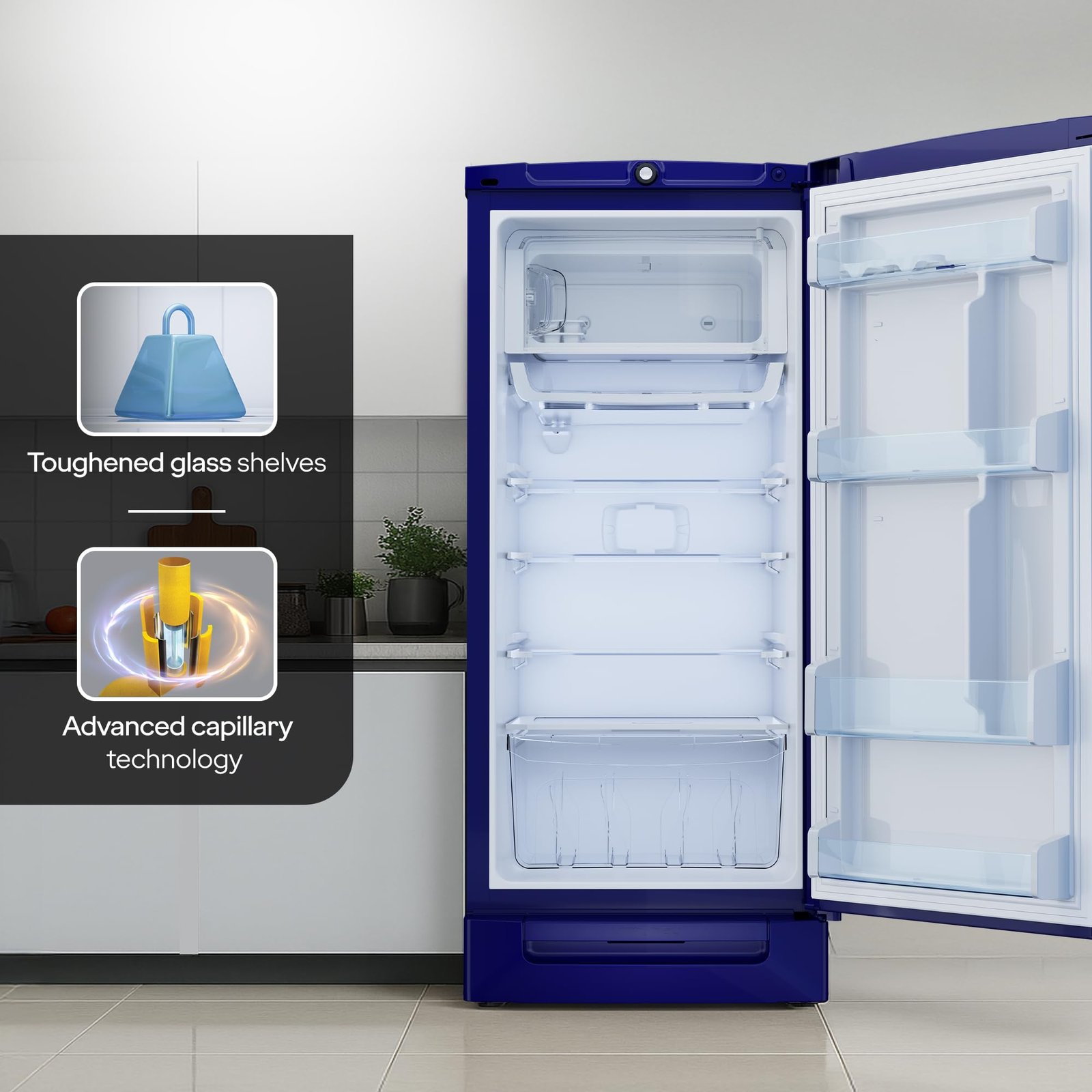 Godrej 202 L 5 Star | Advanced Inverter | Jumbo Vegetable Tray | Toughened Glass Shelves | Turbo Cooling Technology | Base Drawer Direct Cool Single Door Refrigerator (RD 210E TDI MN BL, Marine Blue)
