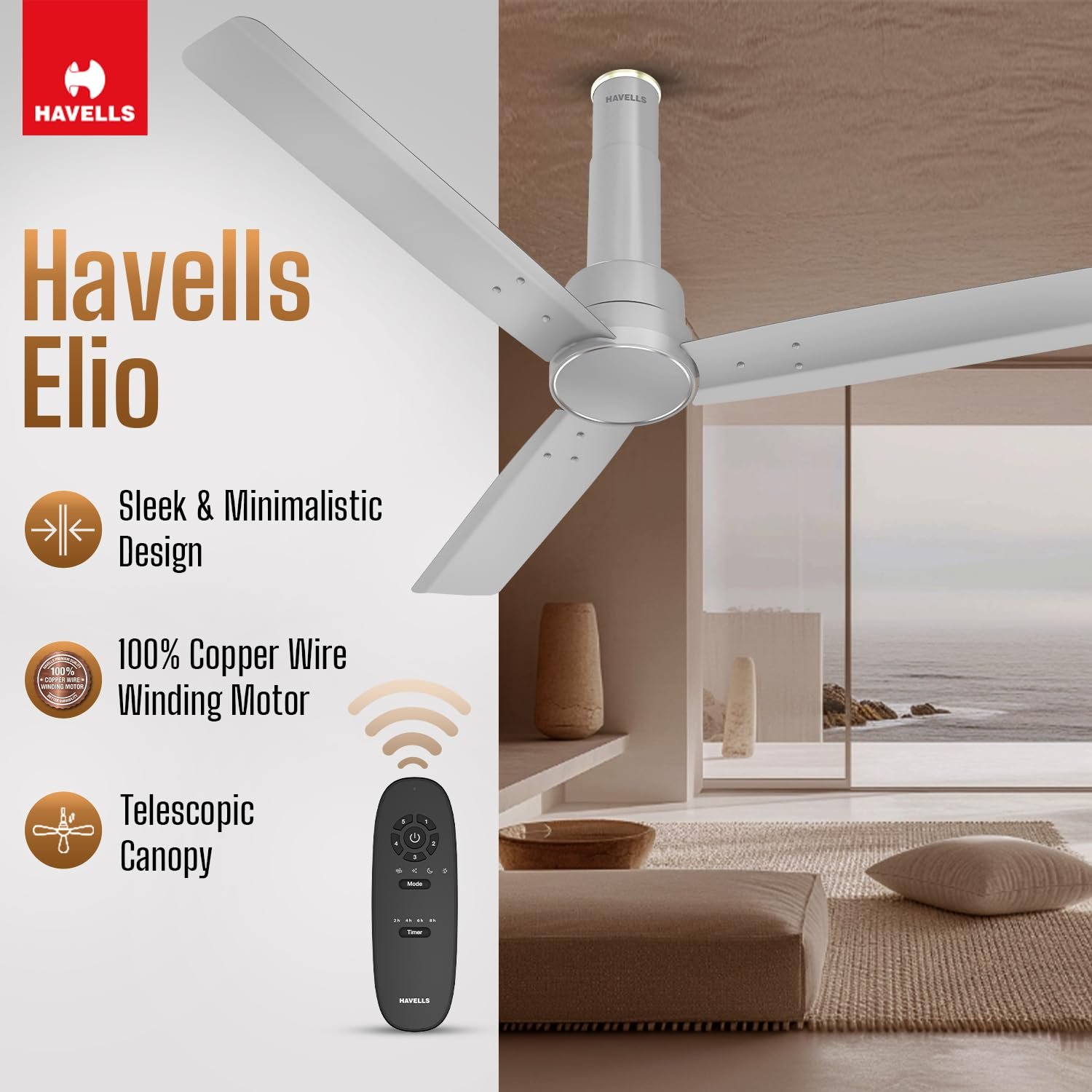 Havells 1200mm Elio BLDC Ceiling Fan | Remote Controlled, High Air Delivery Fan | 5 Star Rated, Upto 60% Energy Saving, 2+1* Year Warranty | (Pack of 1, Grey)