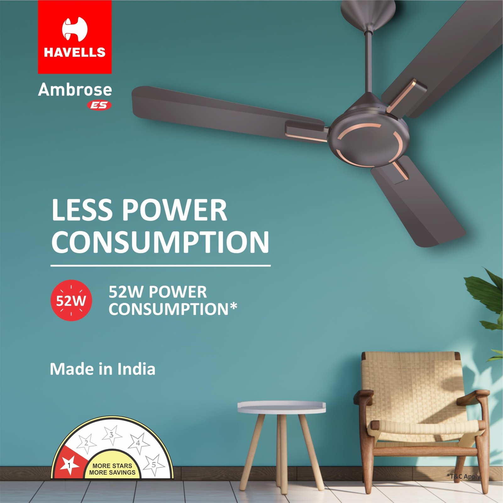 Havells Ambrose Es Ceiling Fan 1200Mm Energy Saving Decorative Fan 100% Pure Copper Motor, High Air Delivery, Premium Matt Finish, 2 Year Warranty, Elegant Looks,Pack Of 1, Copper