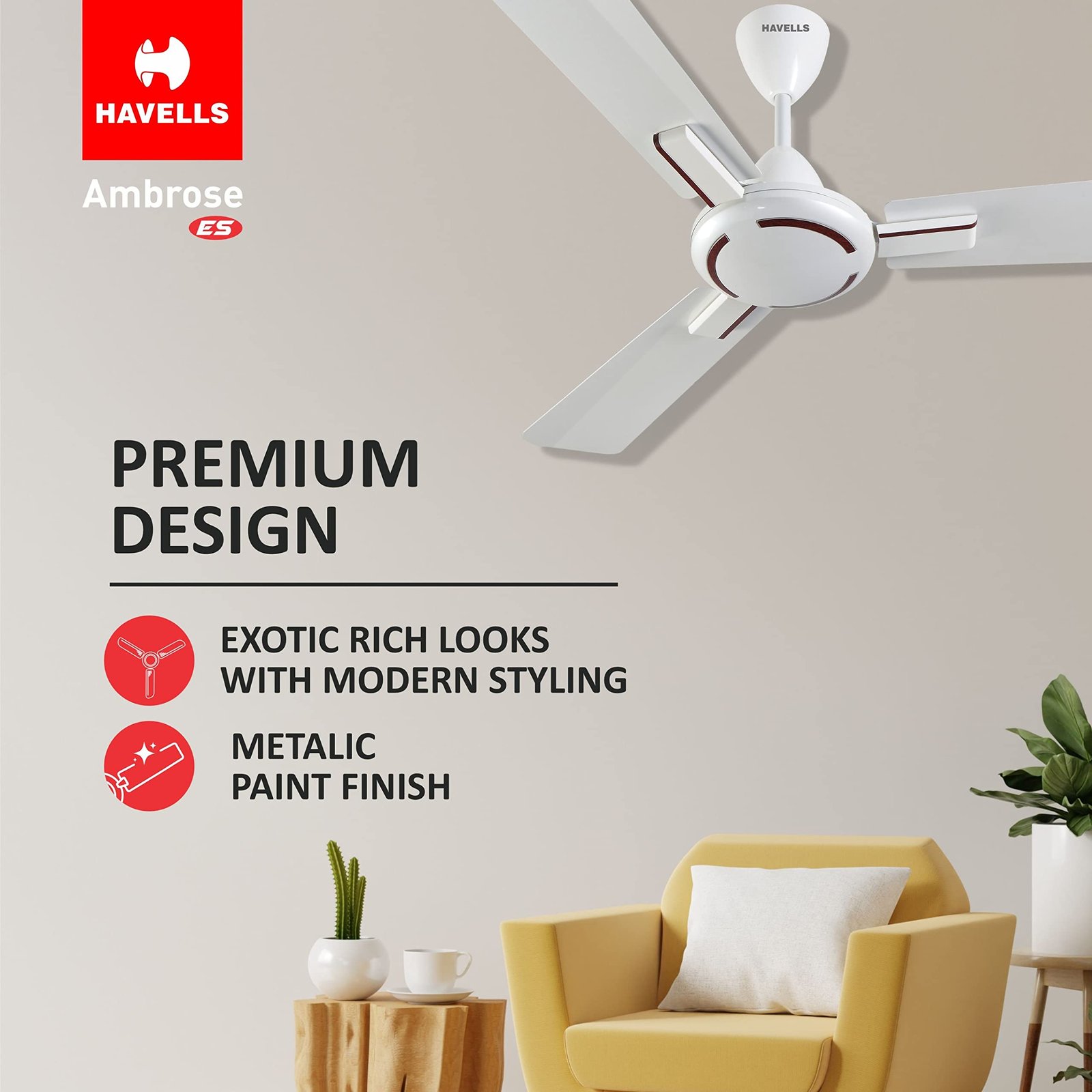 Havells 1200mm Ambrose ES Ceiling Fan|Premium Finish, Deco. Fan, Elegant Looks, High Air Delivery, Energy Saving, 100% Pure Copper Motor|2 Year Warranty by Brand | (Pack of 1, Pearl White Wood) 1 Star