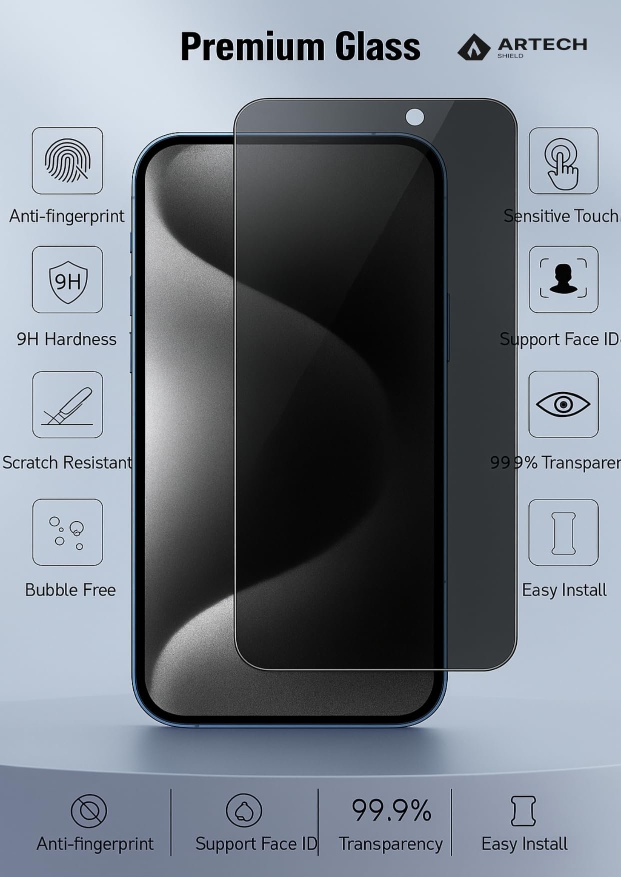 ARTECHSHIELD Military-Grade Gorilla Privacy Tempered Glass Compatible For iPhone 15 / iPhone 16 (Black) Edge To Edge Coverage and Easy Installation Kit with 1 month warranty