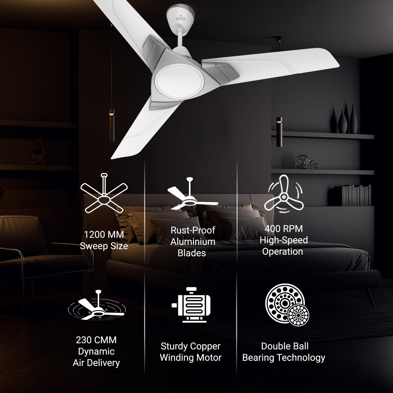 Polycab Aereo Plus Star Rated, 1200mm Ceiling Fan For Home | High Speed & Air Delivery | Saves Up To 33% Electricity, Rust-Proof Blades, 52 Watt | 3-yr Warranty【Pearl White Cloud Grey Silver】
