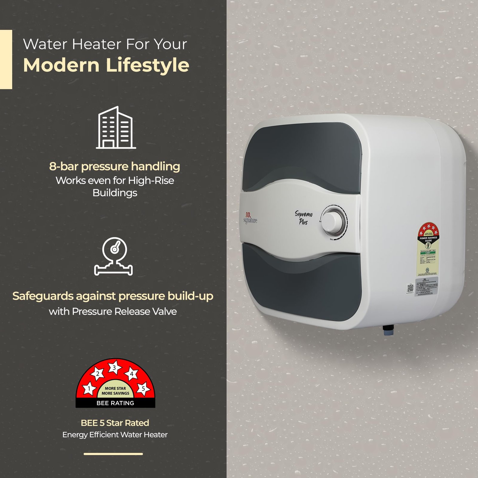 RR Signature Supremo Plus 10L Storage Water Heater |Glass Line Tank|8 Bar, High Rise Buildings |2 Yr Warranty on Product & 6 Yr on Tank by RR | Free Installation & Pipes