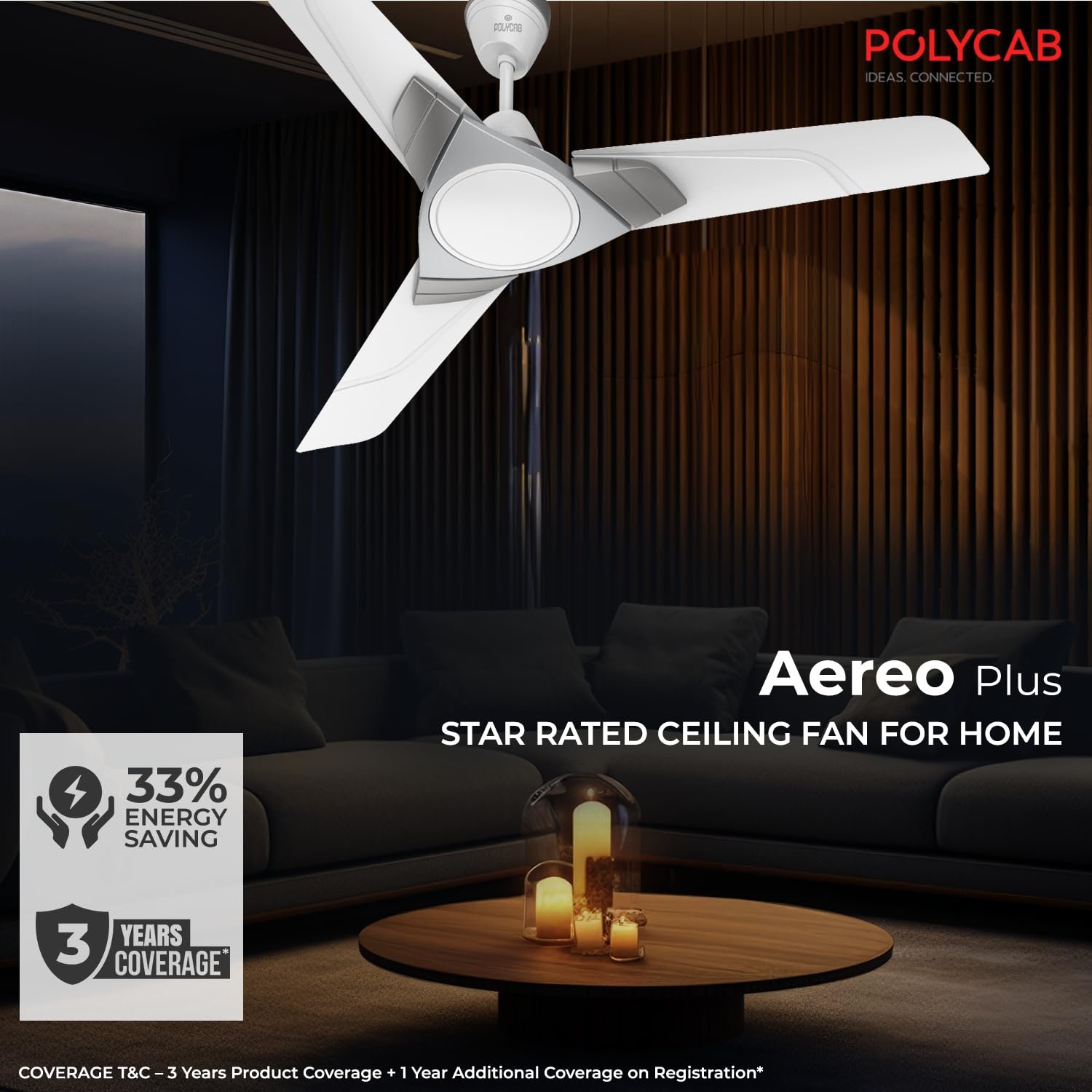 Polycab Aereo Plus Star Rated, 1200mm Ceiling Fan For Home | High Speed & Air Delivery | Saves Up To 33% Electricity, Rust-Proof Blades, 52 Watt | 3-yr Warranty【Pearl White Cloud Grey Silver】