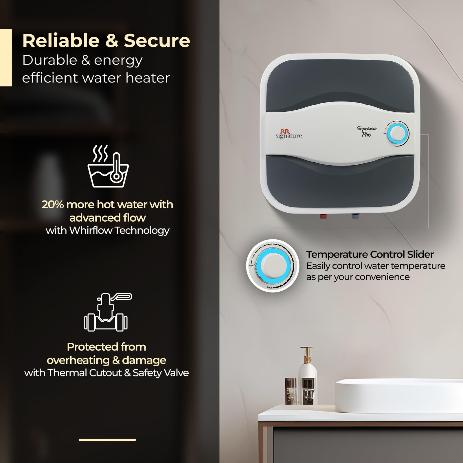 RR Signature Supremo Plus 10L Storage Water Heater |Glass Line Tank|8 Bar, High Rise Buildings |2 Yr Warranty on Product & 6 Yr on Tank by RR | Free Installation & Pipes