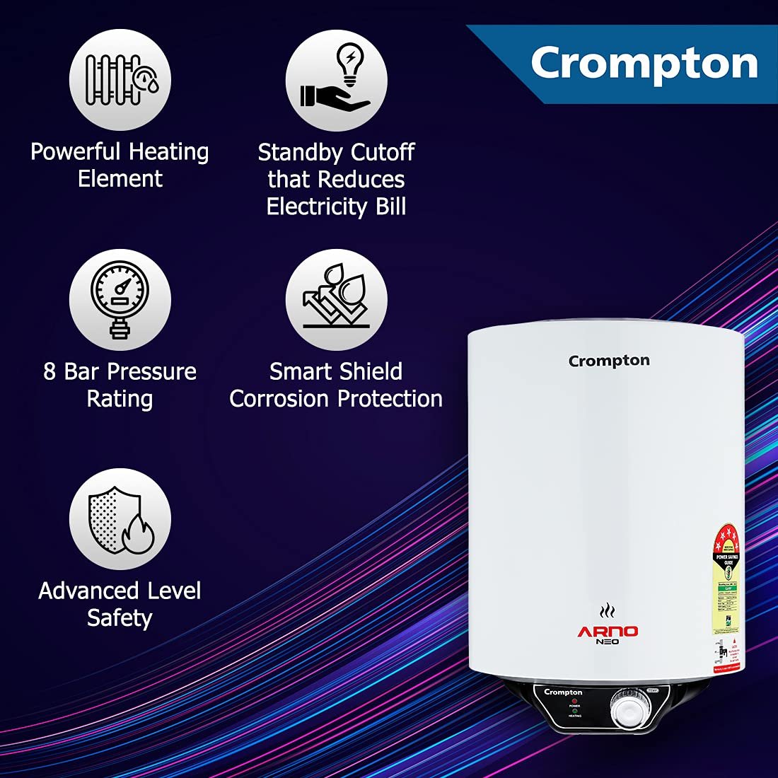 Crompton Arno Neo 10-L 5 Star Rated Storage Water Heater with Advanced 3 Level Safety National Energy Conservation Award Winner 2023