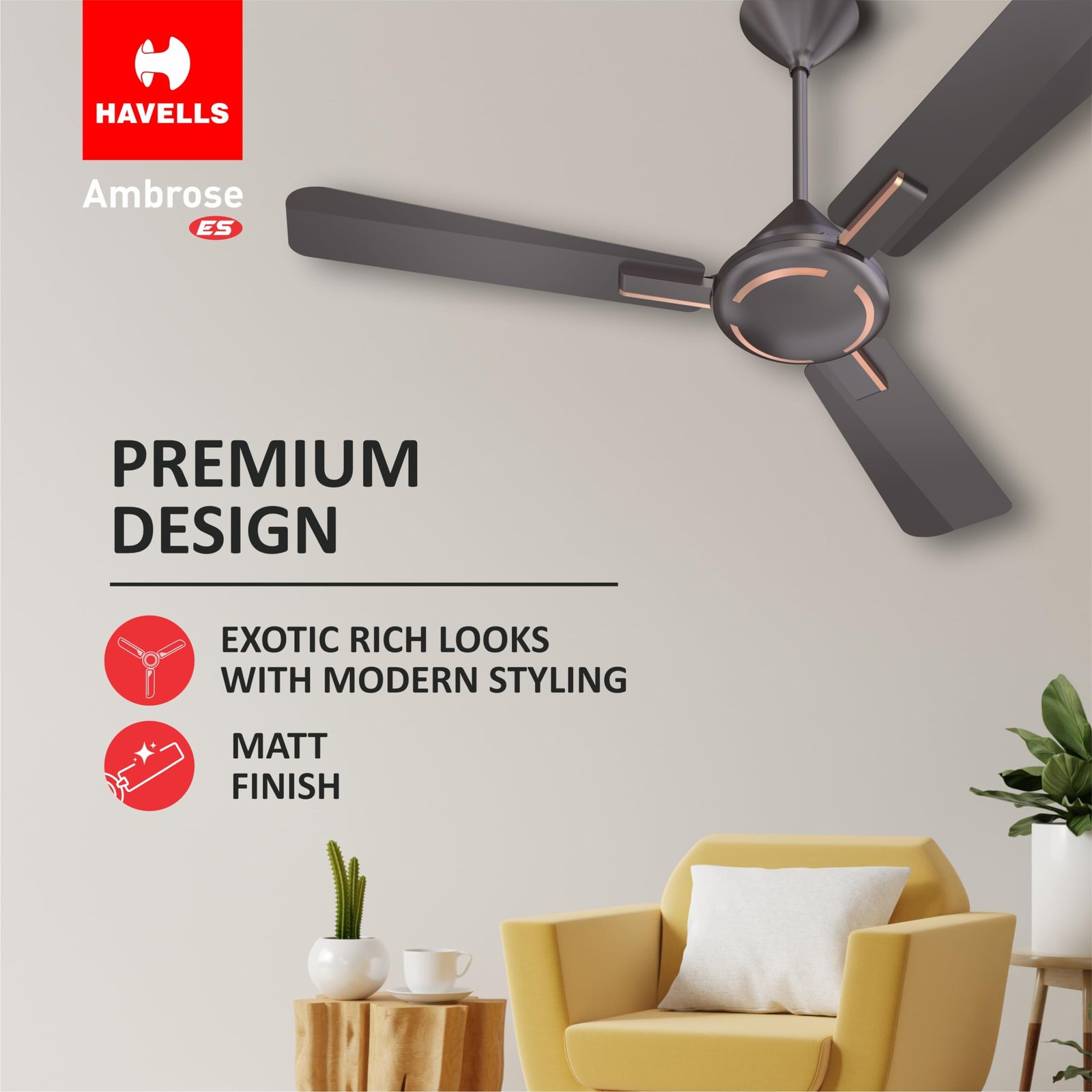 Havells Ambrose Es Ceiling Fan 1200Mm Energy Saving Decorative Fan 100% Pure Copper Motor, High Air Delivery, Premium Matt Finish, 2 Year Warranty, Elegant Looks,Pack Of 1, Copper
