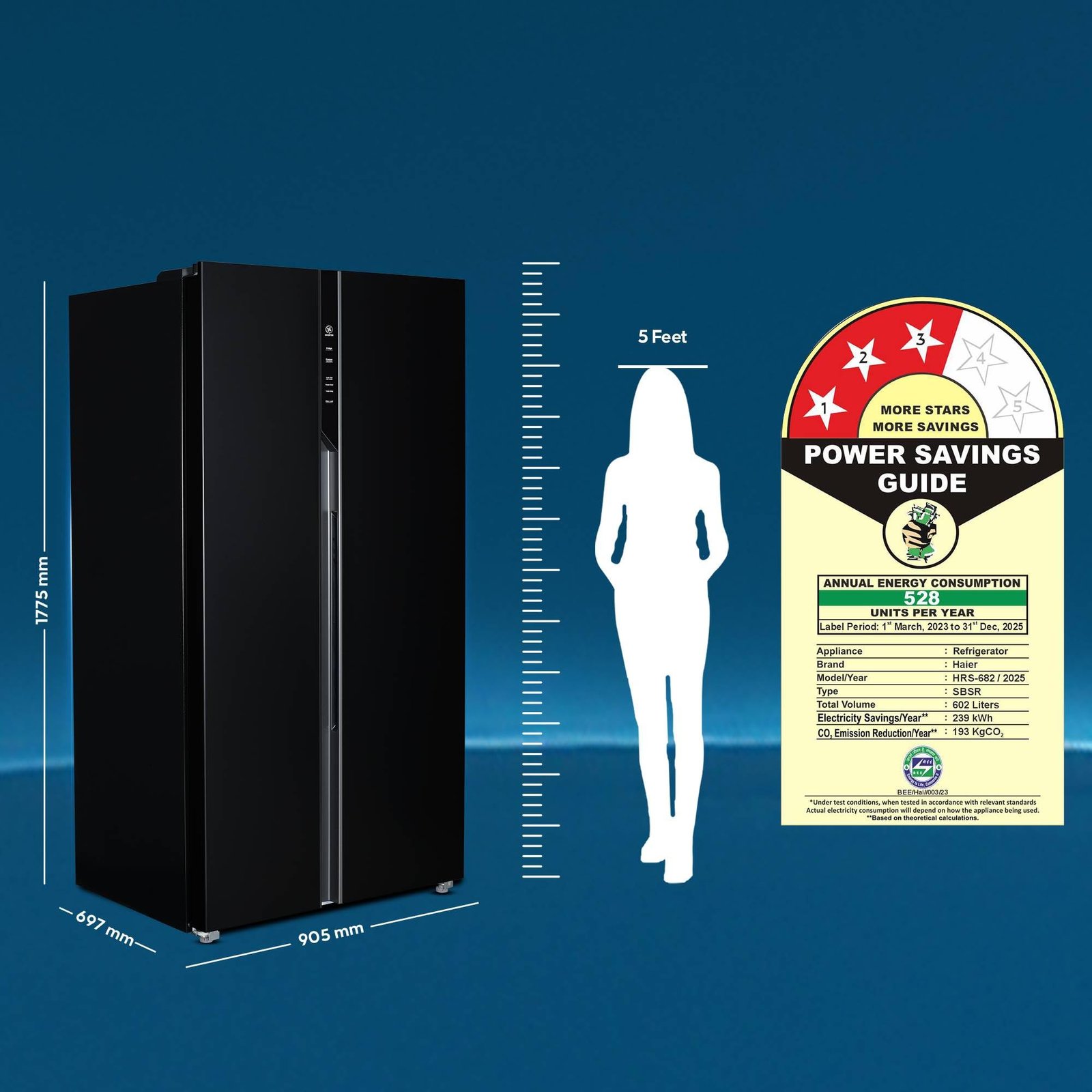 Haier 602L 3Star 2 Door Side by Side Frost Free Refrigerator|100% Convertible|Expert Inverter Technology|Digital Display Panel|Triple Twist Ice Maker|Deo Fresh Technology (HRS-682KS, Black Steel)