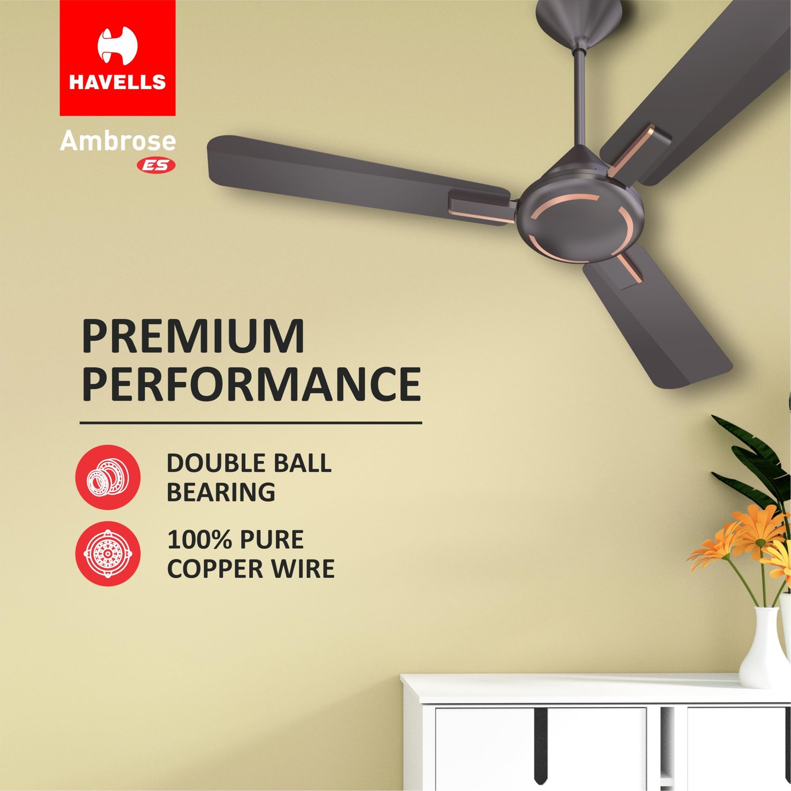 Havells Ambrose Es Ceiling Fan 1200Mm Energy Saving Decorative Fan 100% Pure Copper Motor, High Air Delivery, Premium Matt Finish, 2 Year Warranty, Elegant Looks,Pack Of 1, Copper