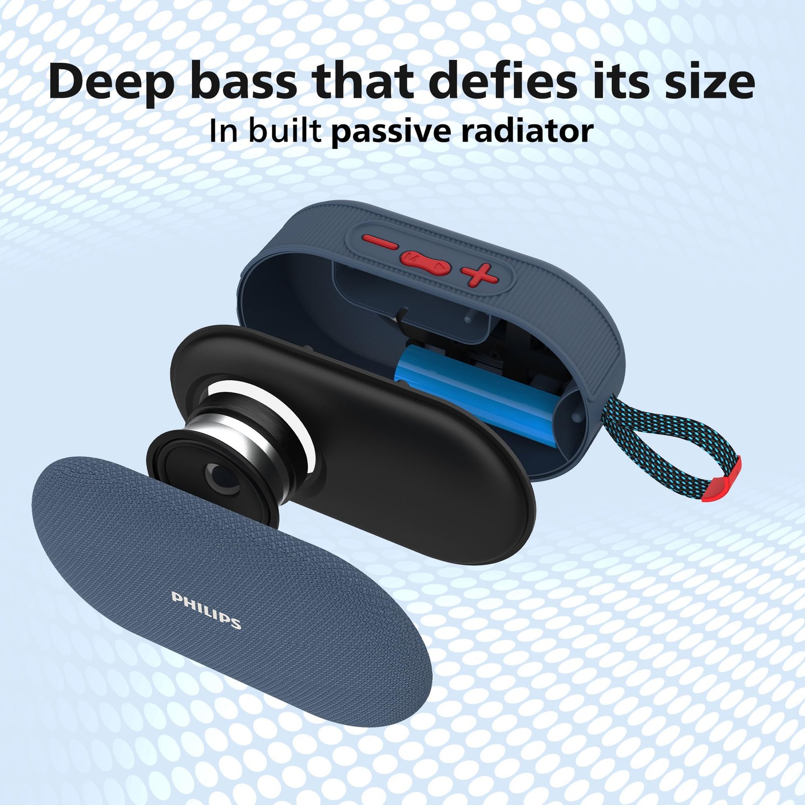 PHILIPS Audio TAS1400BL Wireless Bluetooth Speaker with Deep Bass, Passive Radiator, 12W Sound Output, 1200mAh Rechargable Battery, RGB Light Modes, 10H Playtime, Supports TF/USB/BT Modes (Blue)