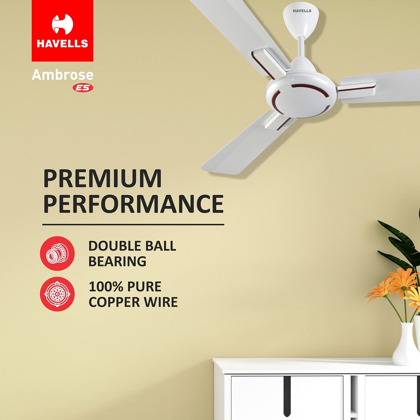 Havells 1200mm Ambrose ES Ceiling Fan|Premium Finish, Deco. Fan, Elegant Looks, High Air Delivery, Energy Saving, 100% Pure Copper Motor|2 Year Warranty by Brand | (Pack of 1, Pearl White Wood) 1 Star