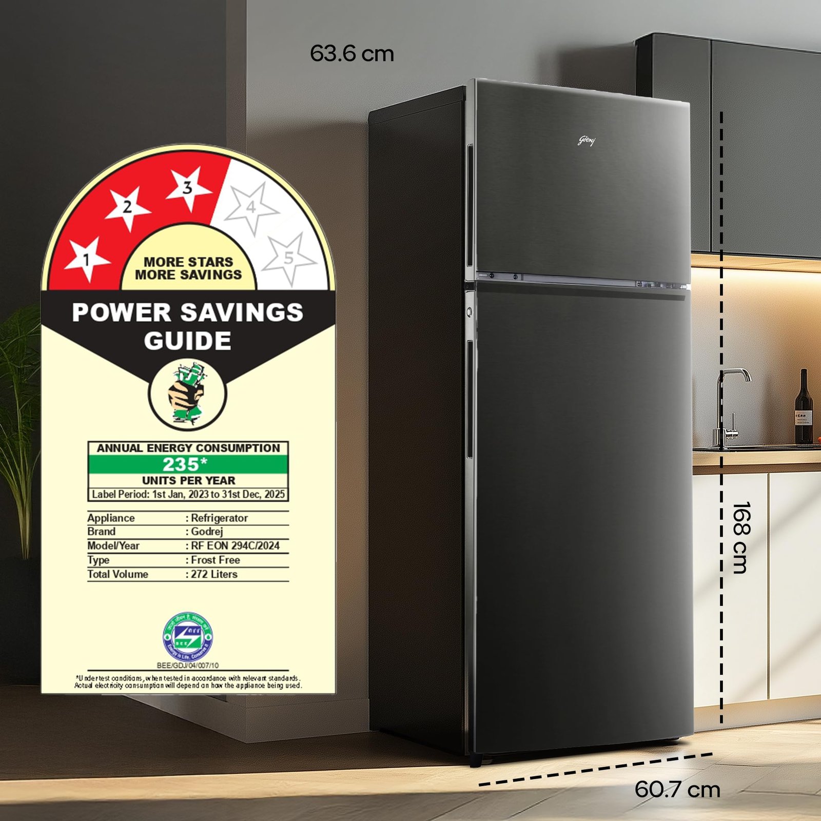 Godrej 272 L 3 Star 4-In-1 Convertible Technology | 30 days Farms Freshness | 95%+ Food Surface Disinfection | Inverter | Frost Free | Double Door Refrigerator (RF EON 294C RCIT FS ST, Fossil Steel)