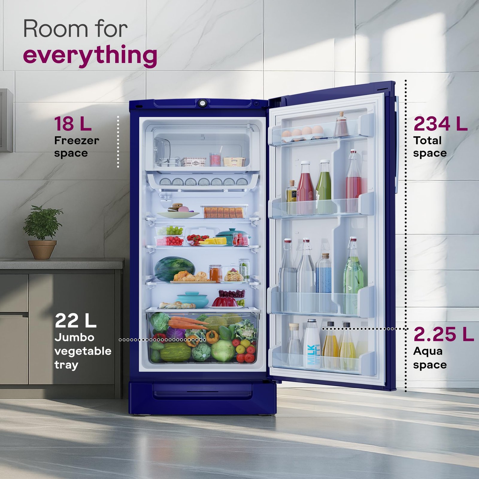 Godrej 202 L 5 Star | Advanced Inverter | Jumbo Vegetable Tray | Toughened Glass Shelves | Turbo Cooling Technology | Base Drawer Direct Cool Single Door Refrigerator (RD 210E TDI MN BL, Marine Blue)