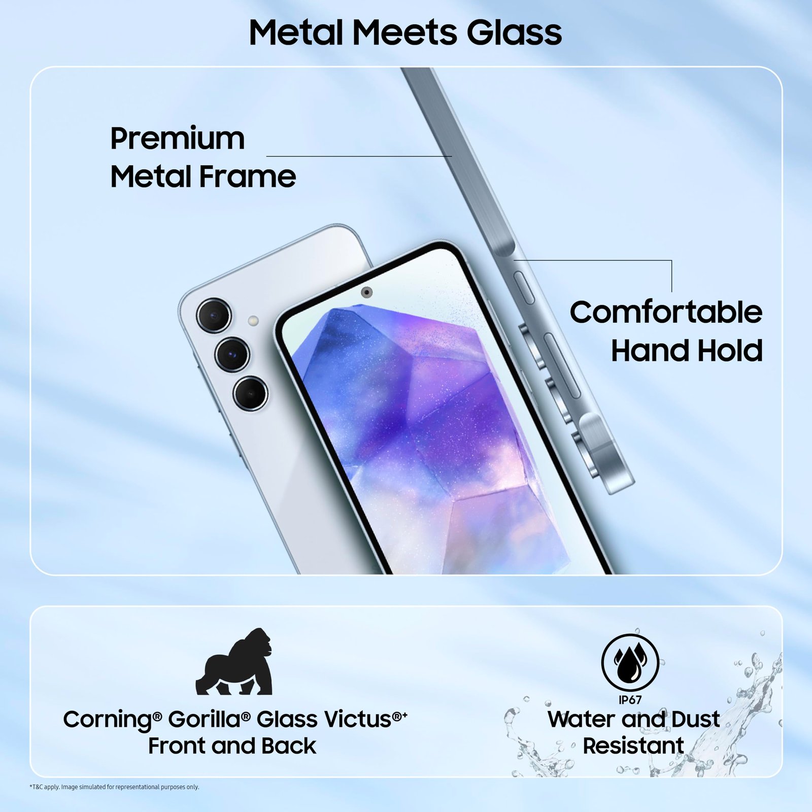 Samsung Galaxy A55 5G (Awesome Iceblue, 8GB RAM, 256GB Storage) | AI | Metal Frame | 50 MP Main Camera (OIS) | Super HDR Video| Nightography | IP67 | Corning Gorilla Glass Victus+ | sAMOLED Display