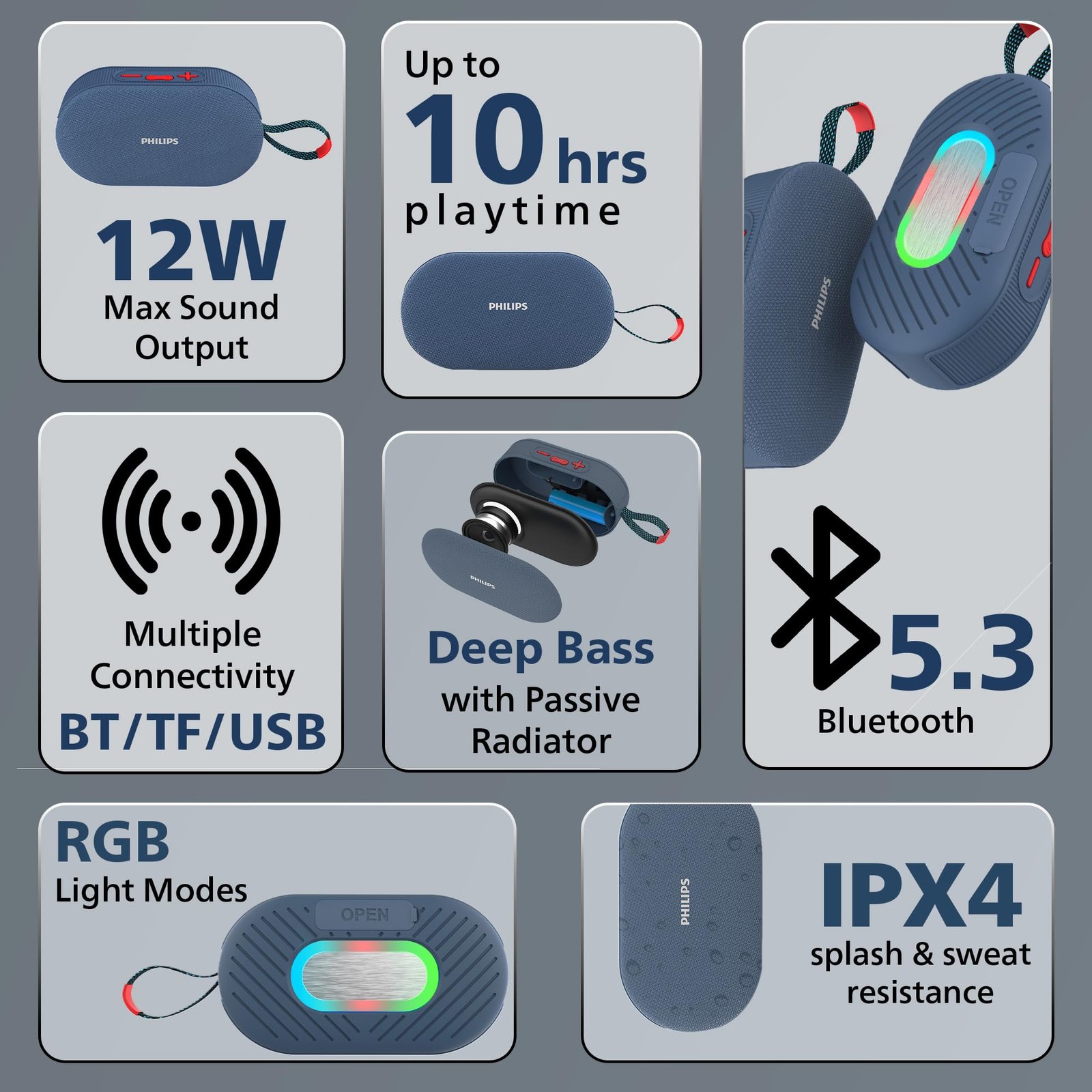 PHILIPS Audio TAS1400BL Wireless Bluetooth Speaker with Deep Bass, Passive Radiator, 12W Sound Output, 1200mAh Rechargable Battery, RGB Light Modes, 10H Playtime, Supports TF/USB/BT Modes (Blue)