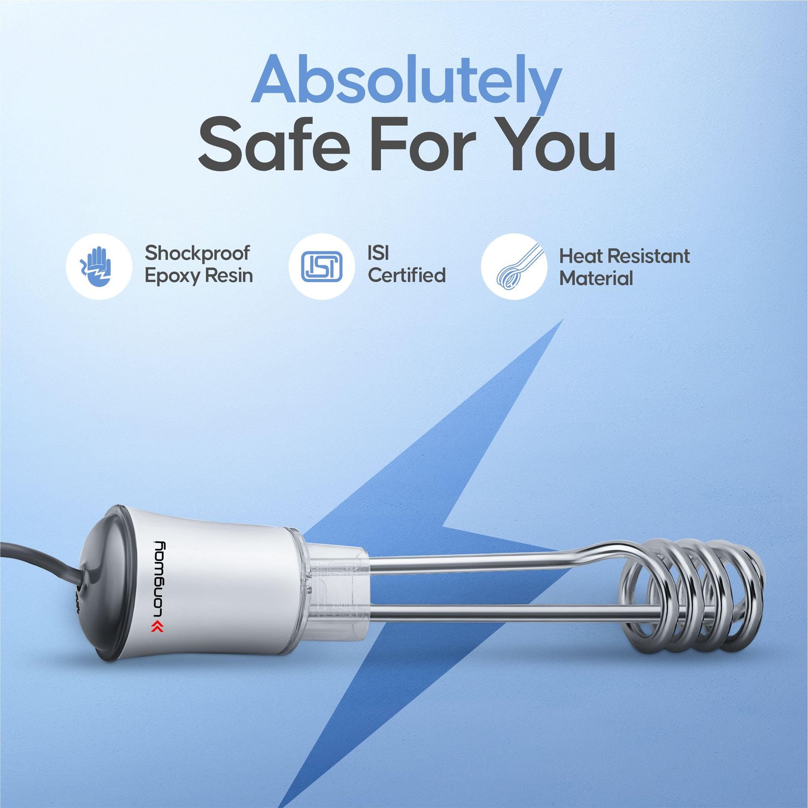 Longway LWIR01 1500W Immersion Water Heater | Anti-Corrosive & Shockproof Immersion Rod with Fast Heating Coil Technology | Nickel Plated | ISI Certified | 2 Year Replacement Warranty (White)